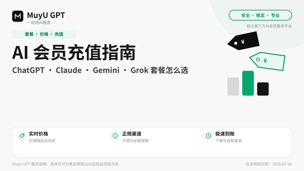 2026 AI 会员充值指南：ChatGPT、Claude、Gemini、Grok 套餐价格与充值方式